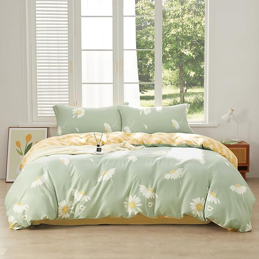 SAPHREAS White Daisy Floral Duvet Cover Set Twin Size 2pcs Light Green Bedding Comforter Cover Set 100% 1 Duvet Cover 68"x90" 1 Pillow Sham, Comforter Not Included