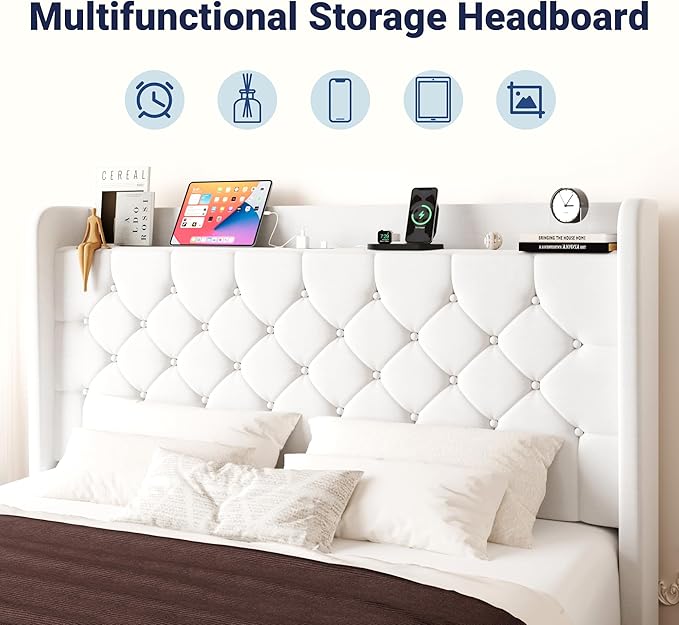 Allewie King Size Bed Frame, Storage Headboard with Charging Station, Wingback Velvet Upholstered, Diamond Stitched Button Tufted, Sturdy Wooden Slats, No Box Spring Needed, Easy Assembly, White