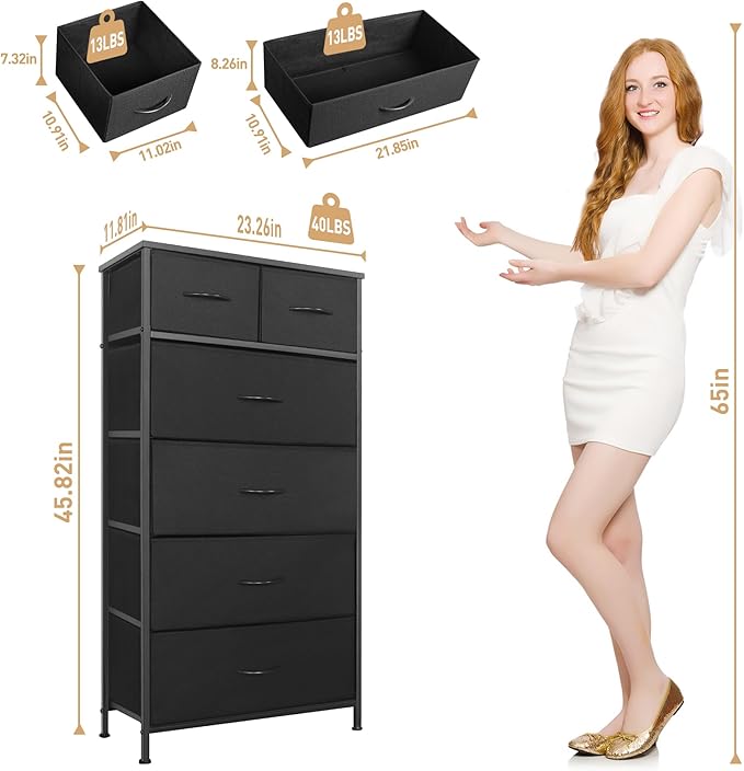 Tall Dresser for Bedroom, Vertical Storage Organizer Tower with 6 Drawers, Chest of Drawers with Fabric Bins, Steel Frame, Wood Top for Bedroom, Closet, Entryway- Black
