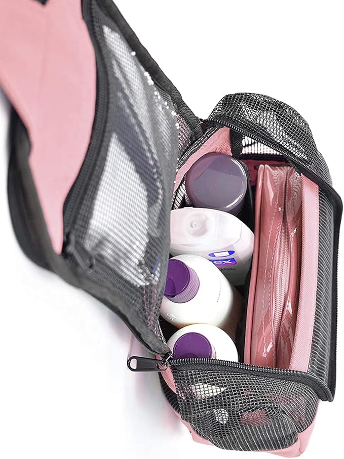 The Fine Living Co. USA Portable Hanging Shower Caddy Organizer with 1 Free Toiletries Case, Quick Dry Mesh Shower Caddy Tote Bag Included 1 Metal Hook, Perfect for Dorm, Camp, Travel, Gym, Pink