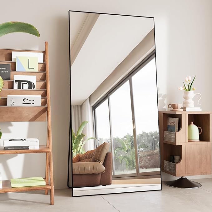 FANYUSHOW Full Length Mirror with Stand 65"x23.6",Floor Standing Aluminum Frame for Living Room,Tempered Glass Floor Mirror,Simple Home Decor,Wall Decor for Bedroom & Bathroom,Full Body Mirror,Black