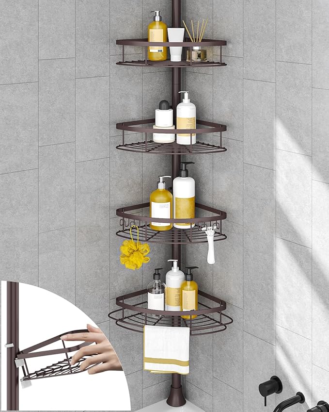 SEIRIONE Rustproof Shower Corner Caddy Organizer for Bathroom,Tension Pole with 4 Baskets, for Bathtub Storage Rack, 34 to 116 Inch Height, Bronze