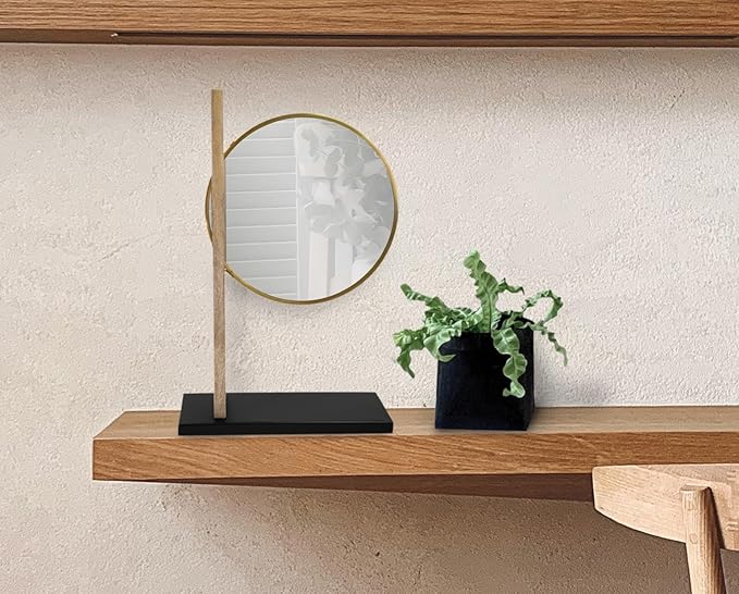 Howard Elliot Skoda Round Table Top Mirror with Stand, Table Desk Vanity Makeup Mirror with Stainless Steel Brushed Brass Frame & Mango Wood Base, Modern Accent Mirror Decor, Brass, 28.5 x 18 Inch