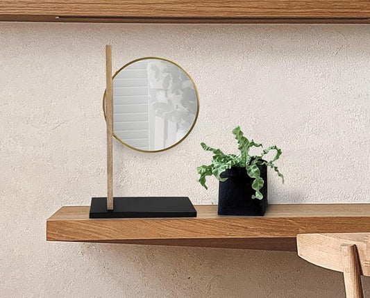 Howard Elliot Skoda Round Table Top Mirror with Stand, Table Desk Vanity Makeup Mirror with Stainless Steel Brushed Brass Frame & Mango Wood Base, Modern Accent Mirror Decor, Brass, 28.5 x 18 Inch