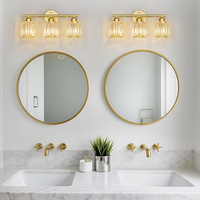Modern 3 Light Crystal Vanity Light, Gold Vertical Bathroom Light Fixture Over Mirror for Dressing Table Sink, Compatible with Dimmable Bulbs (Bulbs Not Included)
