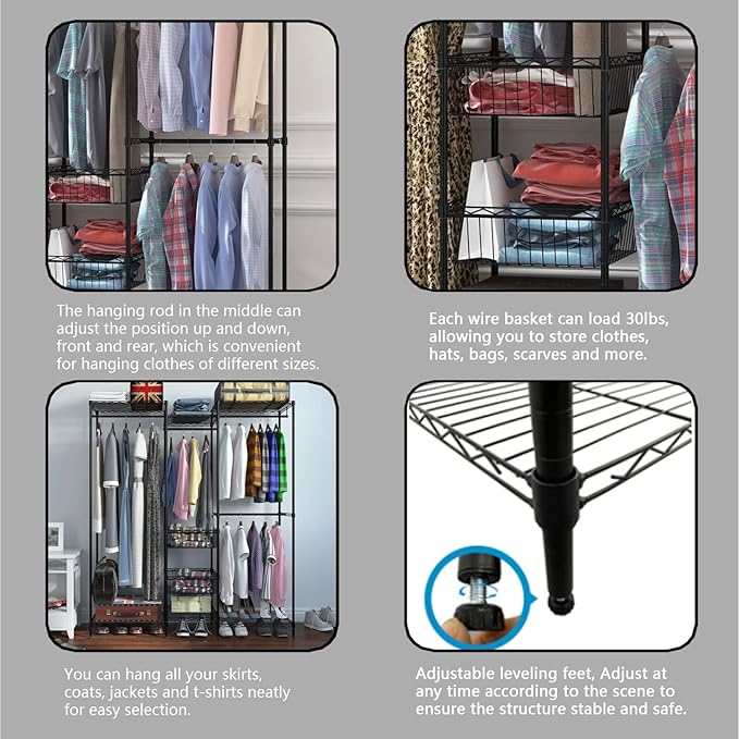 Xiofio 6 Tiers Heavy Duty Clothes Rack with Hanging Rods,Metal Garment Rack,Adjustable Shelves & 2 Slid Storage Baskets,65.0" L x 15.7" W x 76.0" H,Max Load 800LBS,Black
