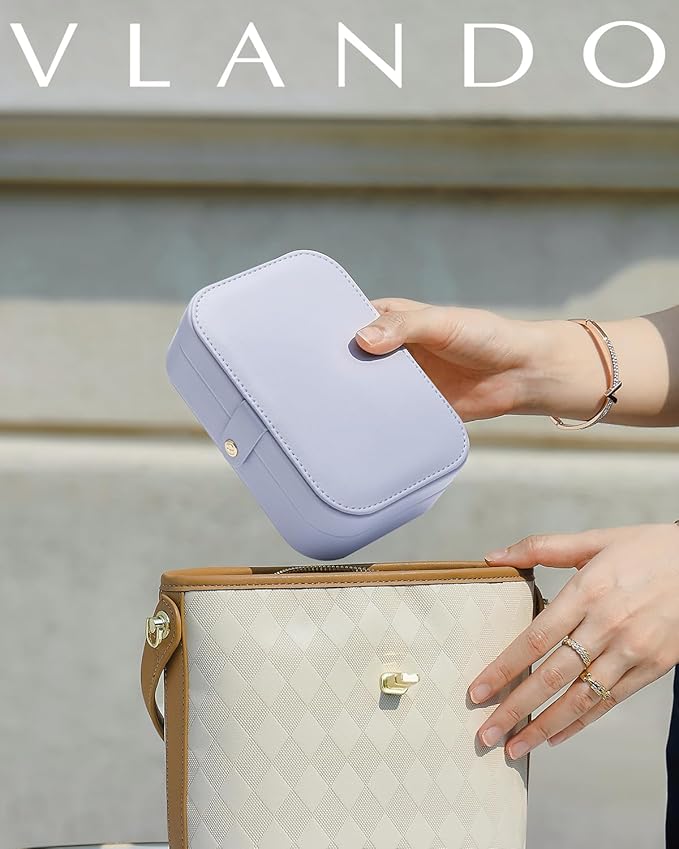 Vlando Travel Jewelry Case for Women Girls Mothers, PU Leather Portable Small Jewelry Box for Rings, Necklaces, Bracelets, Earring Holder Organizer Storage for Travel Gifts Bridesmaid Gifts - Purple