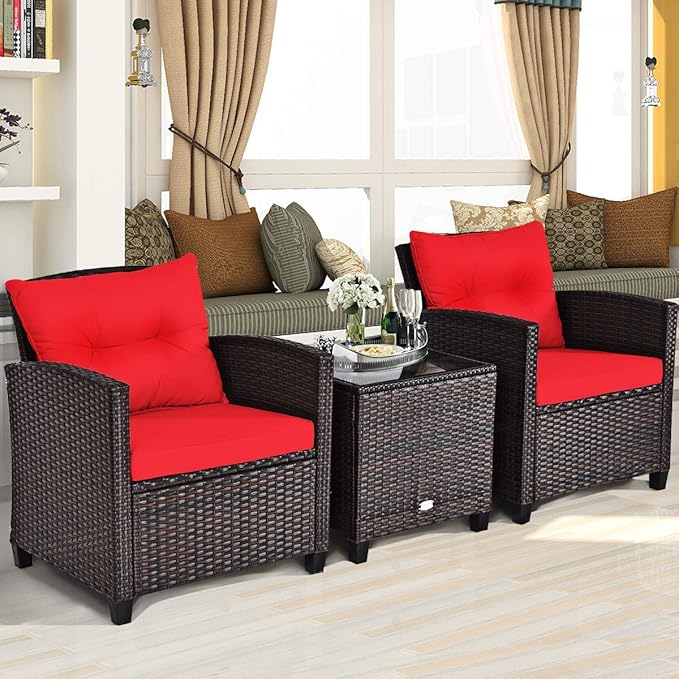 Tangkula 3 Pieces Patio Furniture Set, PE Rattan Wicker 3 Pcs Outdoor Sofa Set w/Washable Cushion and Tempered Glass Tabletop, Conversation Furniture for Garden Poolside Balcony (Red)