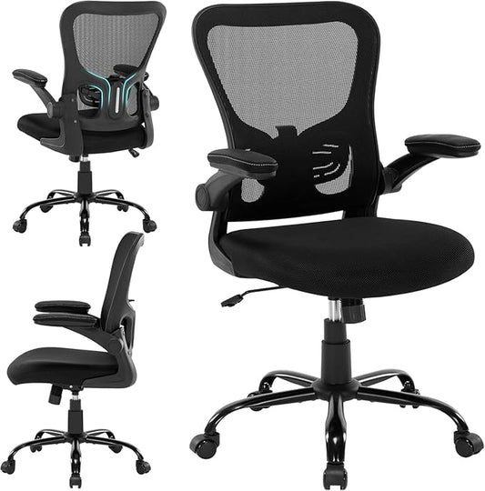 Office Chair Ergonomic Desk Chair Mesh Computer Home Office Desk Chair with Adjustable Lumbar Support Flip-up Armrests, 360 Swivel Comfy Task Executive Chair, Black