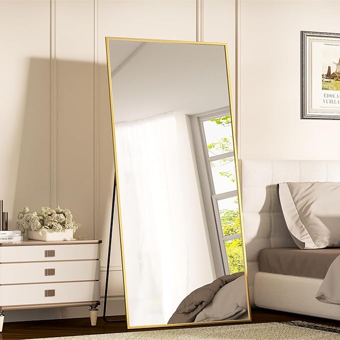 Antok Full Length Mirror, 71"x32" Floor Mirror with Stand, Hanging Mounted Mirrors for Bedroom, Living Room, Cloakroom, Dining Room, Gold, Rect