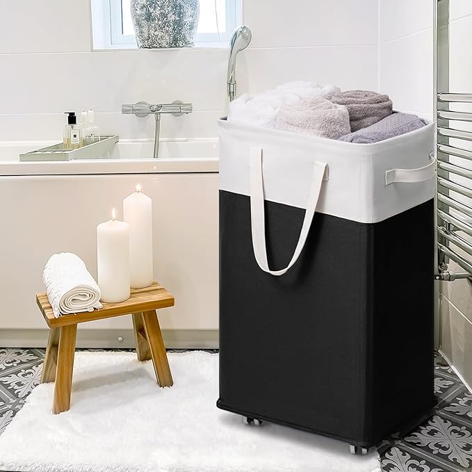 Goodpick Rolling Laundry Hamper with Wheels 75L, Black Laundry Hamper for Dirty Clothes, Collapsible Laundry Basket with Removable Wash, Black Laundry Basket with Wheels