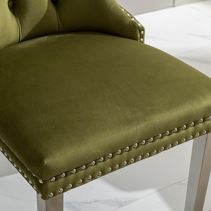 Goujxcy 7 Piece Glass Dining Table Set Modern Glass Dining Table Set for 6, 61" Rectangular Silver Kitchen Table and 6 Velvet Upholstered Chairs, Silver Table & Olive Green Chair