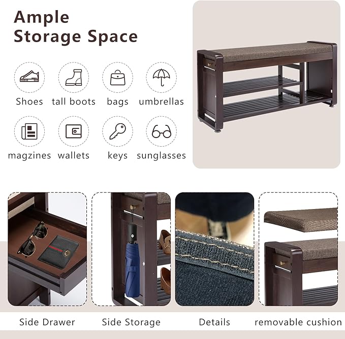 Bamboo Shoe Storage Bench, 3-Tier Shoe Rack with Padded Seat Cushion, Shoe Organizer Shelves for Entryway, Living Room, Bedroom, Hallway, Grey 37.4”