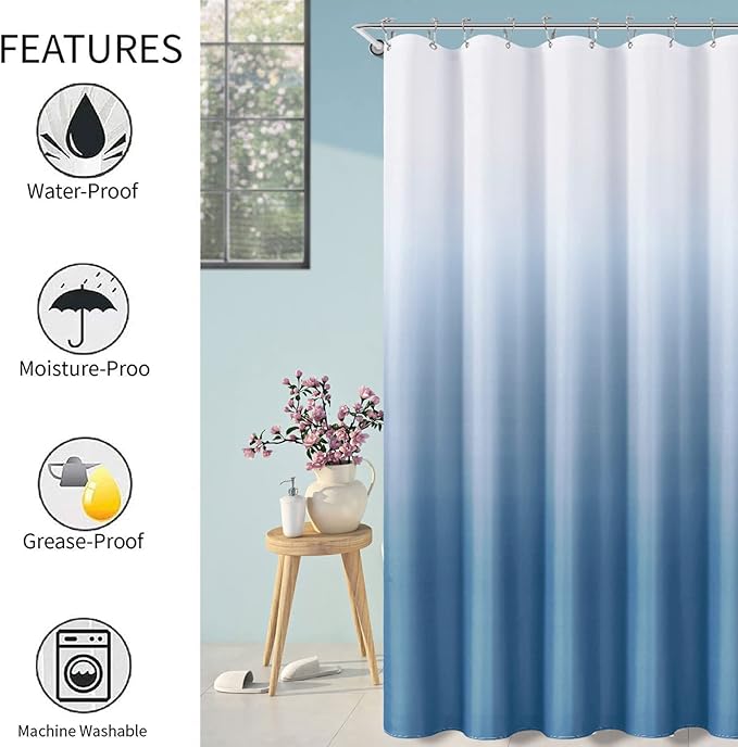 Blue Grey Shower Curtains for Bathroom, Ombre Textured Fabric Shower Curtain Set, Hotel Spa Luxury with 12 Hooks, Machine Washable, Decorative Bathroom Curtain Blue Grey 72 x 72