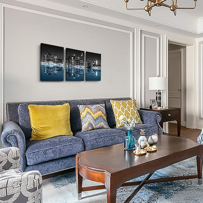 Wall Decor For Living Room Canvas Wall Art For Bedroom Black And White City Luminous Paintings Modern 3 Piece Framed Room Canvas Art Prints Ready To Hang Office Pictures For Home Decoration Artwork