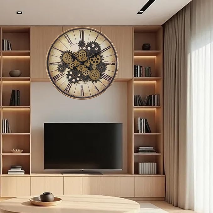 20 Inch Bronze Yellow Steampunk Wall Clock with Decorative Gears, Industrial Vintage Analog Clock for Living Room, Farmhouse, Office Decor, Silent Non-Ticking Battery Operated