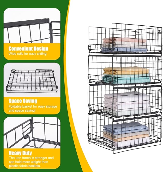 4-Tier Storage Basket, Stackable Closet Organizers, Foldable Closet Shelf Organizer System, Space-Saving, Snacks Books Clothing Towel Storage Drawer Organizer for Wardrobe Living Room Office - Black