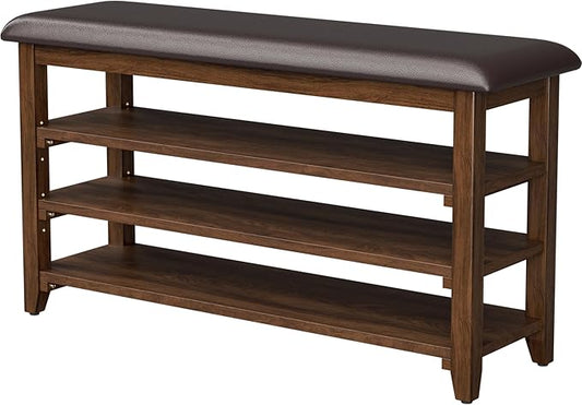 Shoe Bench Storage Rubberwood with Leather Cushion, Entryway Bench with 3-Tiers Height Adjustable, Shoe Rack Front Doors Entrances for Hallway Living Room,Mudrooms (Brown,39.4")