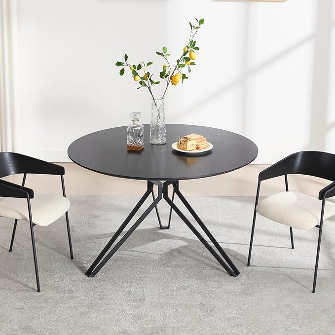 DUOMAY 47'' Round Dining Table for 4-6 Person, Mid-Century Modern Solid Wood Dining Room Table, Dinner Table with Intersecting Pedestal Metal Base for Kitchen, Office, Living Room, Black
