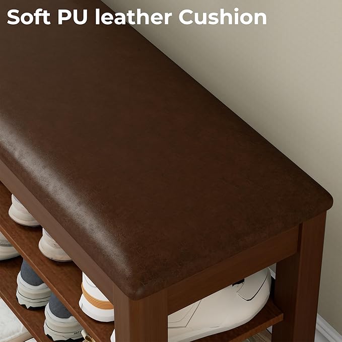 Shoe Rack Bench with Flip-Top Storage, Solid Wood Entryway Bench with Cushion, Adjustable Shelf, for Hallway, Mudroom, Closet – Walnut, 39.4"