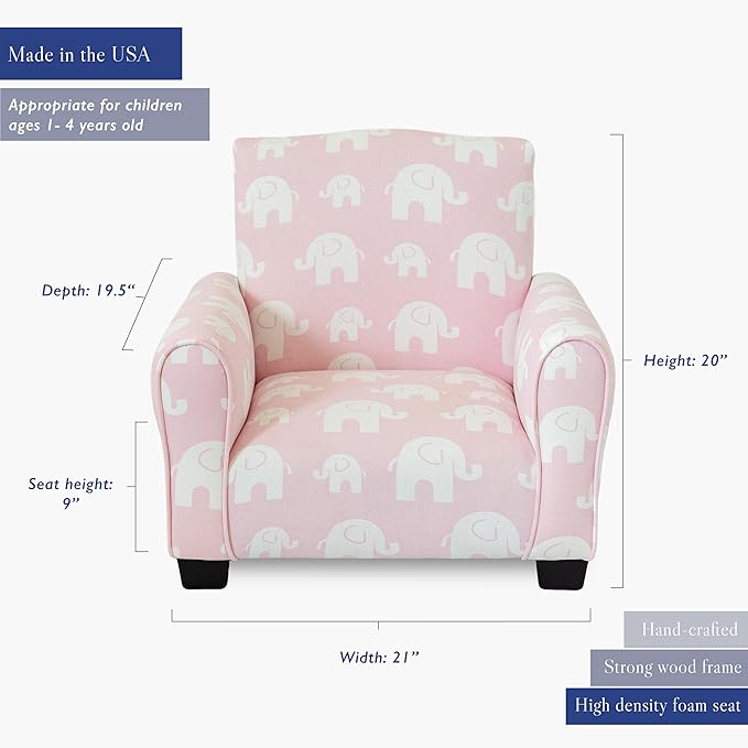 Toddler Personalized Armchair, Kids Upholstered Rocking Chair with Personalization, Toddler Chair with Personalized Name, Comfy Child Armchair, (Pink Elephants Print, Legs)