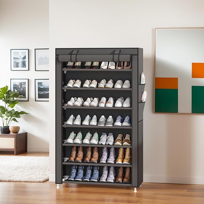 Laiensia 7-Tier Vertical Shoe Rack Organizer, Space Saving Shoe Storage Organizer, Non-Woven Cover Shoe Shelf Holds 28-35 Pairs for Bedroom, Hallway, Closet Entryway, Grey