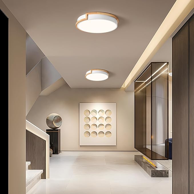 Modern LED Close to Ceiling Light, Round Flush Mount Ceiling Lighting Fixture, Matte White with Wood Accent, Minimalist Kitchen Light Fixtures for Bedroom, Entryway, Living Room, 15.8in