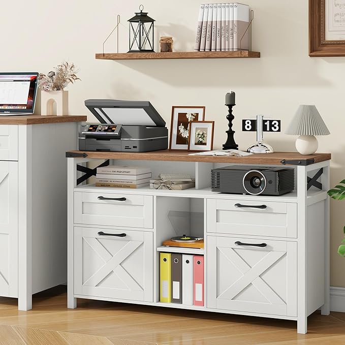 Farmhouse Filing Cabinet with Adjustable Shelf for Home Office, Lateral File Cabinets 4 Drawers with Open Storage Shelf, Filing Organization Storage Cabinets for Hanging Files Letter/Legal/F4/A4.