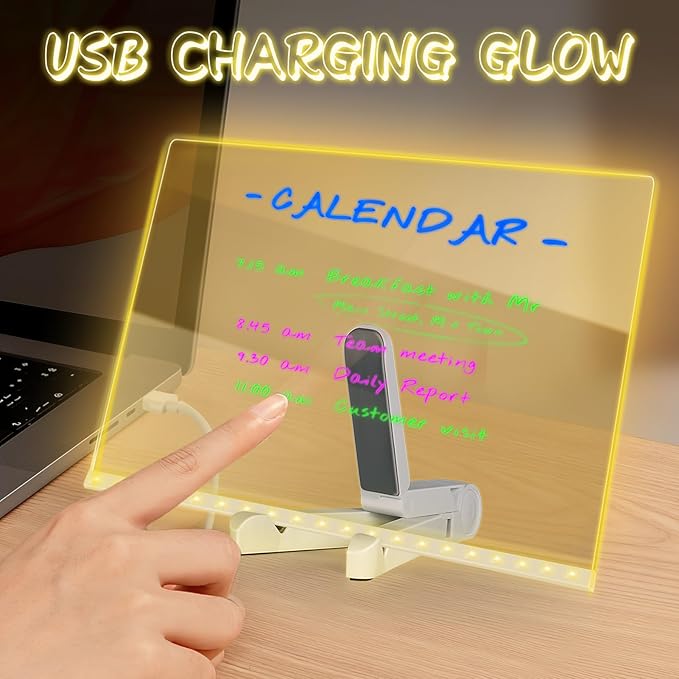 Acrylic Dry Erase Board LED Note Board with Colors, 2025 New Glowing Acrylic Message Marker Board with Light, Dry Erase Board with Stand & 7 Colored pens Illuminated Drawing Board 11.8in * 7.9in