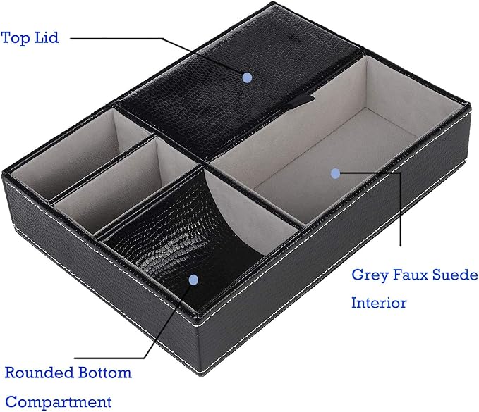 Baoyun Men's Valet Tray, Faux Leather Valet Box, EDC Catch All Tray, Dresser Top Nightstand Organizer with 5 Compartments for Smartphone, Keys, Wallet, Watch