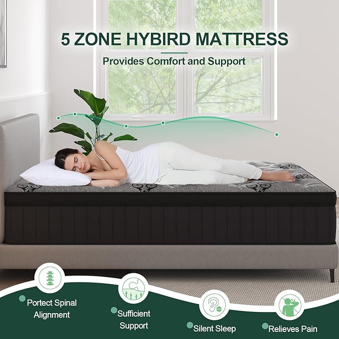 King Mattress, 12 Inch Hybrid Mattresses Bed in a Box with Gel Memory Foam & Pocket Spring, Euro Top, Medium Firm for Back Support & Pressure Relief, Motion Isolation, Grey