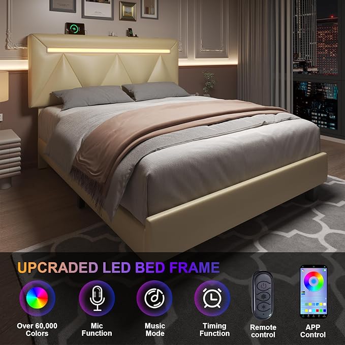 Full Size Bed Frame with Bluetooth Speaker, LED Lights and Charging Station, Faux Leather Linen Fabric Adjustable Headboard,Modern Upholstered Bed, Wood Slat Support, Easy Assemble, Beige