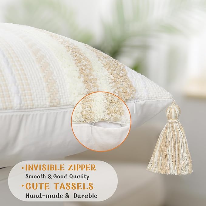 decorUhome Decorative Boho Throw Pillow Cover 20x20, Accent Neutral Textured Tufted Pillow Cover Striped for Couch Bed Sofa, Khaki and Cream White, Pack of 1