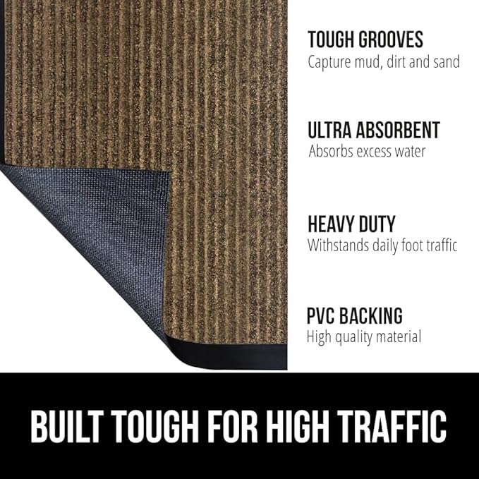 GORILLA GRIP Traffic Guard Door Mat, Heavy Duty Welcome Mats, Commercial Office Space Doormat, Waterproof, Fade Resistant, Strong Rubber Backing, Low Profile, Shoe and Boot Scraper, 35x23, Brown