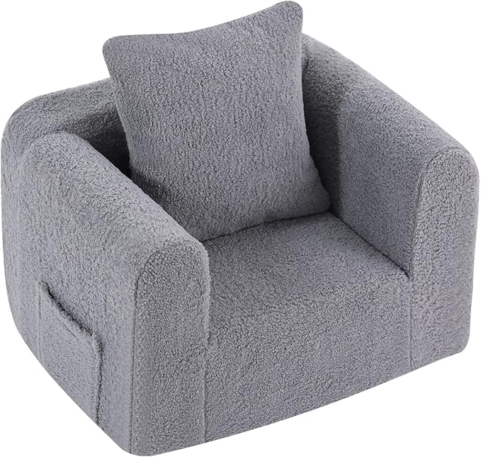 Welnow Kids Sofa with Pillow, Cozy Toddler Chair Soft Foam Seat for Reading, Children's Couch with Armrest Lightweight Comfy Kids Furniture for Bedroom, Playroom for Boys and Girls, Sherpa Grey