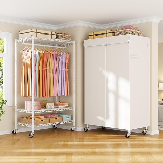 P6C Rolling Clothes Rack with Cover, Covered Clothing Racks Heavy Duty, Portable Closet for Hanging Clothes, Garment Racks on Wheels, White Closet Rack with White Cover, Max Load 365LBS