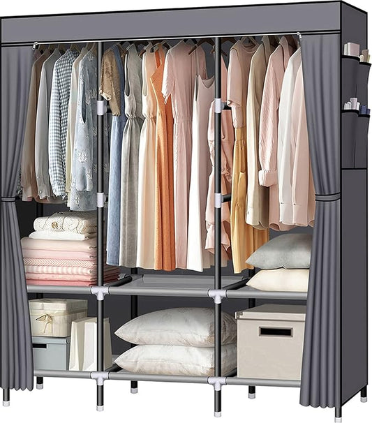 LOKEME Portable Closet, 61-Inch Portable Wardrobe with 3 Hanging Rods and 6 Storage Shelves, Non-Woven Fabric, Stable and Easy Assembly Grey Portable Closets for Hanging Clothes with Side Pockets