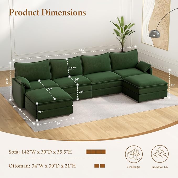 Vesgantti 142" U Shaped Sectional Couch, Comfy Cloud Modular Sectional Sofa with 2 Ottoman Deep Seat Chenille Modern Cloud Sofa, Modular Sofas for Living Room, Bedroom and Apartment, Green