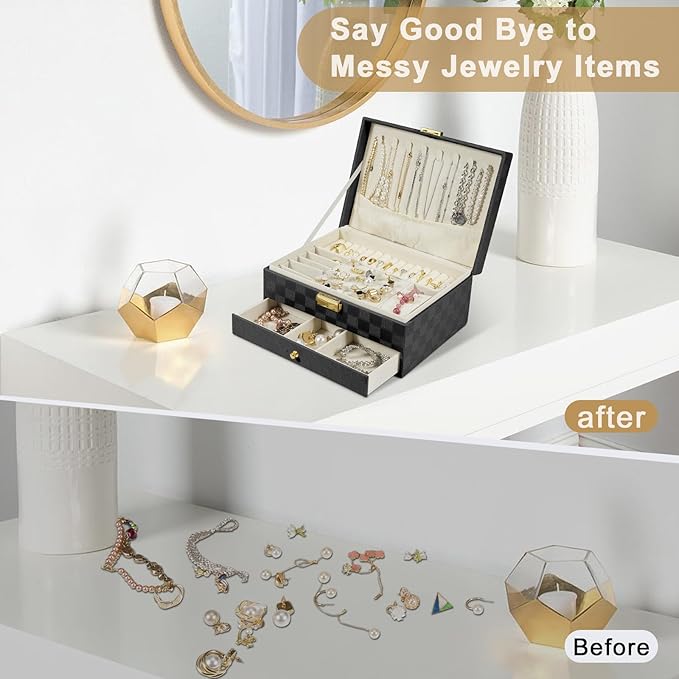 Jewelry Box for Women Girl Wife - Large PU Leather Jewelry Organizer Storage Case with Two Layers Display for Earrings Bracelets Rings Watches (Checkered Black)