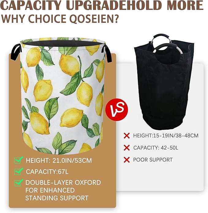 Lemon Laundry Basket,Leaves Collapsible Laundry Baskets with Handles,Waterproof Oxford Cloth Storage Basket 16"x20" for Bathroom/Bedroom/Dormitories
