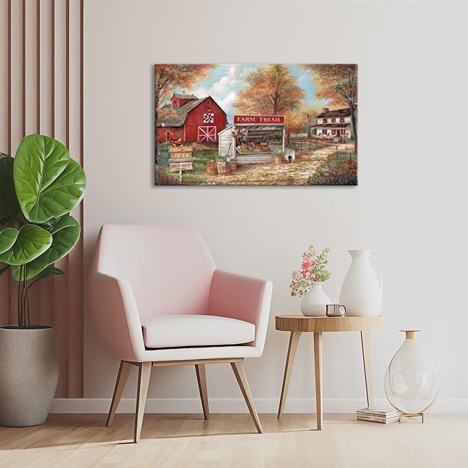 CYULWNNO Farmhouse Canvas Wall Art Farm Stand Landscape Painting Nature Rustic Scenery Canvas Prints Vintage Red House Wall Decor Framed for Living Room Bedroom