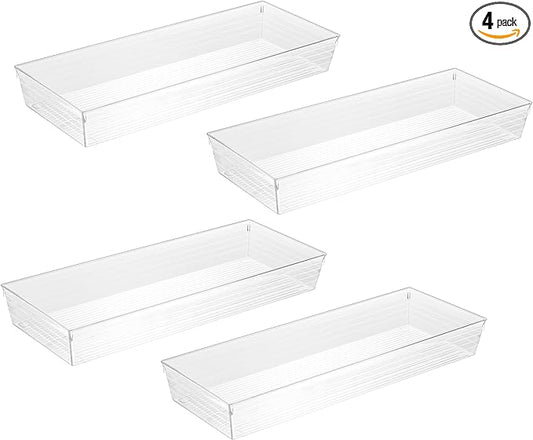 Backerysupply 4 Pack Storage Bins For Bathroom Cosmetic Makeup Vanity Clear Plastic Desk Drawer Organizers Tray Kitchen Utensils Silverware Dividers 15"x6"x2"