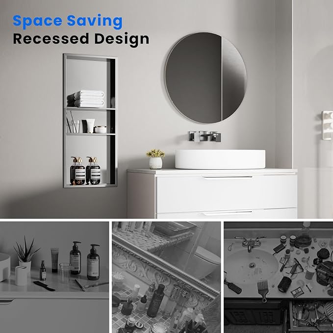 POPFLY No Drill Brushed Nickel Shower Niche 12"x30", Stainless Steel Recessed 3-Layer Shelf - No Tile Needed Waterproof Bathroom Wall Niche Insert Storage Organizer