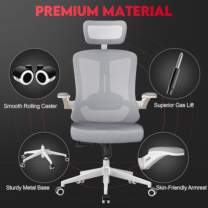 Ergonomic Office Chair - 400LB Comfy Desk Chairs with Headrest and Back Support, Heavy Duty Mesh Computer Chair with Wheels and Arms for Home Office, Study, Bedroom and College Dorm (Grey)