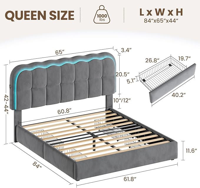 Queen Size Bed Frame with 4 Storage Drawers and LED, Adjustable Clouds Headborad, Velvet Upholstered Platform Queen Bed Frame with Charing Station, Wood Slats Support, No Box Spring Needed,Grey