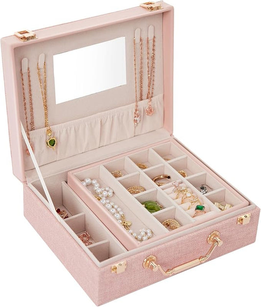Portable Jewelry Box Organizer for Women Girls with PU Leather, Earring Organizer Box with Makeup Mirror for Christmas and New Year Gifts(Pink)