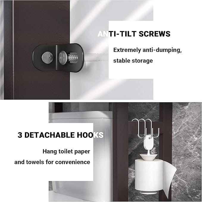 Homykic Over The Toilet Storage, Bamboo 3-Tier Over-The-Toilet Space Saver Organizer Rack, Stable Freestanding Above Toilet Stand with 3 Hooks for Bathroom, Restroom, Laundry, Espresso