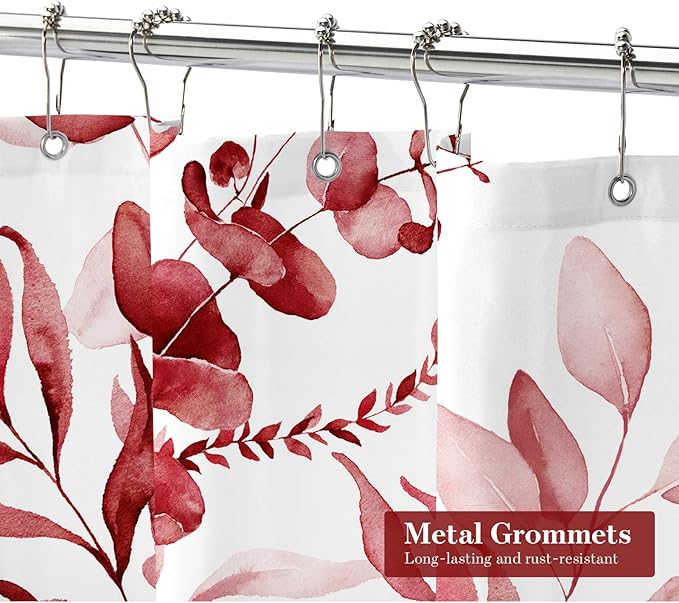MitoVilla Red Spring Floral Shower Curtain, Modern Plants Botanical Fabric Cloth Shower Curtains for Chic Elegant Bathroom Decor, Summer Watercolor Eucalyptus Leaf, 72x72