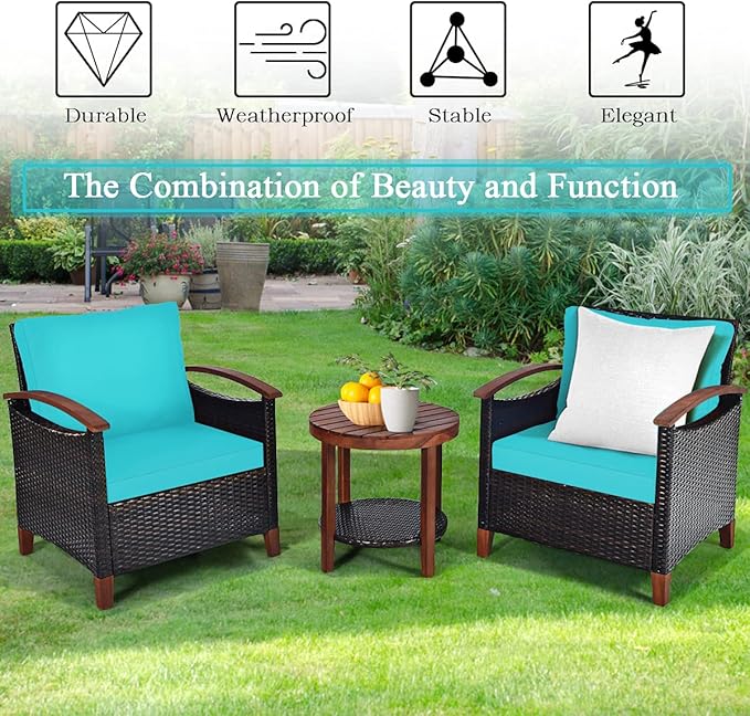 Tangkula 3 Pieces Patio Furniture Set, Outdoor Rattan Sofa and Side Table w/Solid Acacia Wood Frame, High Load Bearing Conversation Bistro Set w/Washable and Removable Cushions (Turquoise)