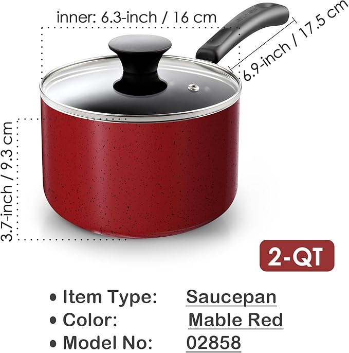 Cook N Home Non Stick Sauce Pan, 2 Quarts Saucepan with Glass Lid, Nonstick Small Multi-purpose Pot, Milk Chocolate Aluminum Cooking Pot Pan with Stay-Cool Handle, Marble Red